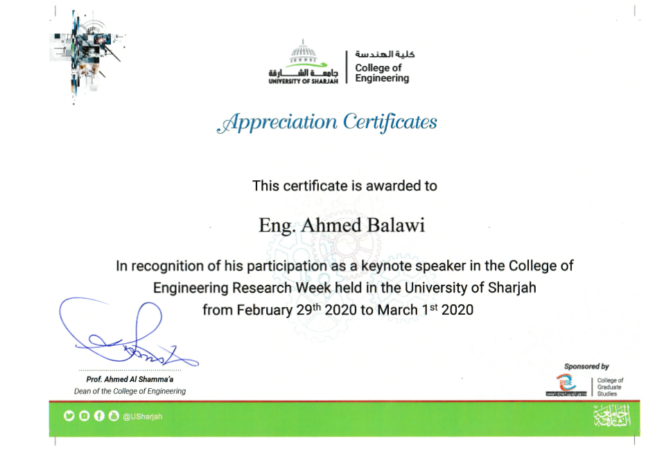 University of Sharjah Keynote Speaker Certificate